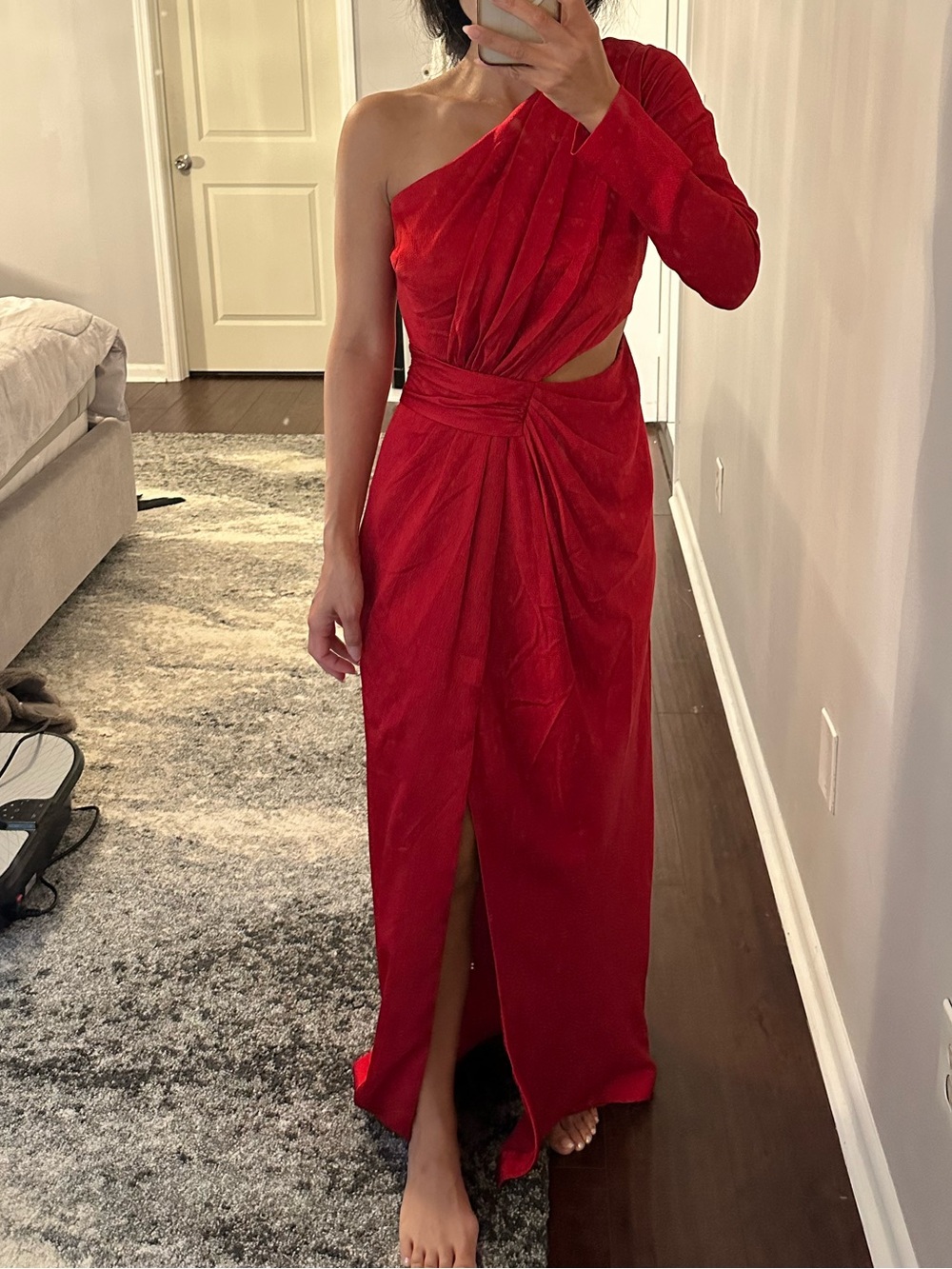 Monique Lhuillier One-Shoulder Red Evening Gown with Front Slit